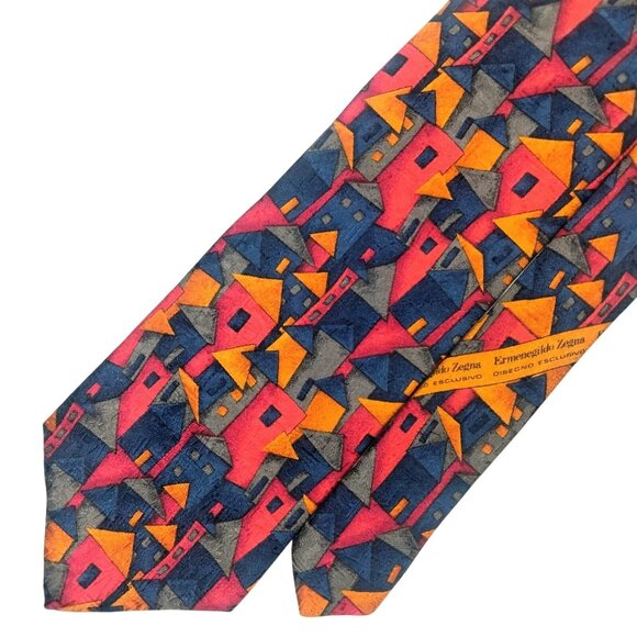 Ermenegildo Zegna 100% Silk Tie Geometric Buildings Vibrant Primary Colors Italy - Picture 1 of 5